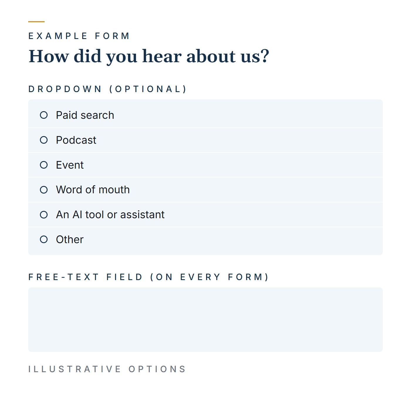 Example form asking "How did you hear about us?", with a short dropdown of illustrative options (paid search, podcast, event, word of mouth, an AI tool or assistant, and Other) and a free-text field under it for the buyer's own words.